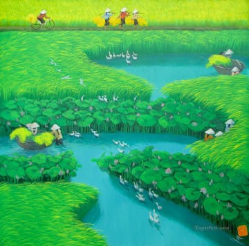 Asian Painting - Lotus on the rice field fowl Vietnamese Asian